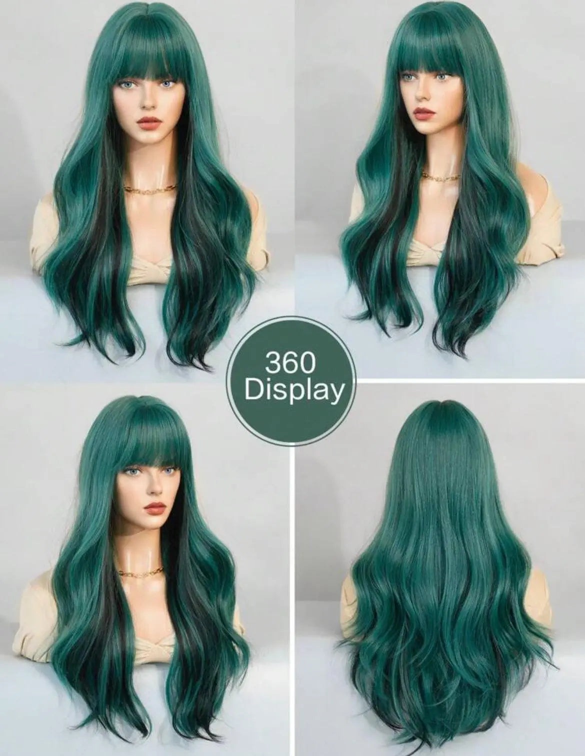 Dark Green Highlights Long Curly Synthetic Wig With Bangs - Labelle Boutique Hair