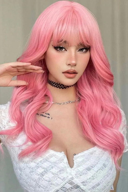 Long Curly Synthetic Pink Wig With Bangs - Labelle Boutique Hair wigs  Long Curly Synthetic Pink Wig With Bangs 