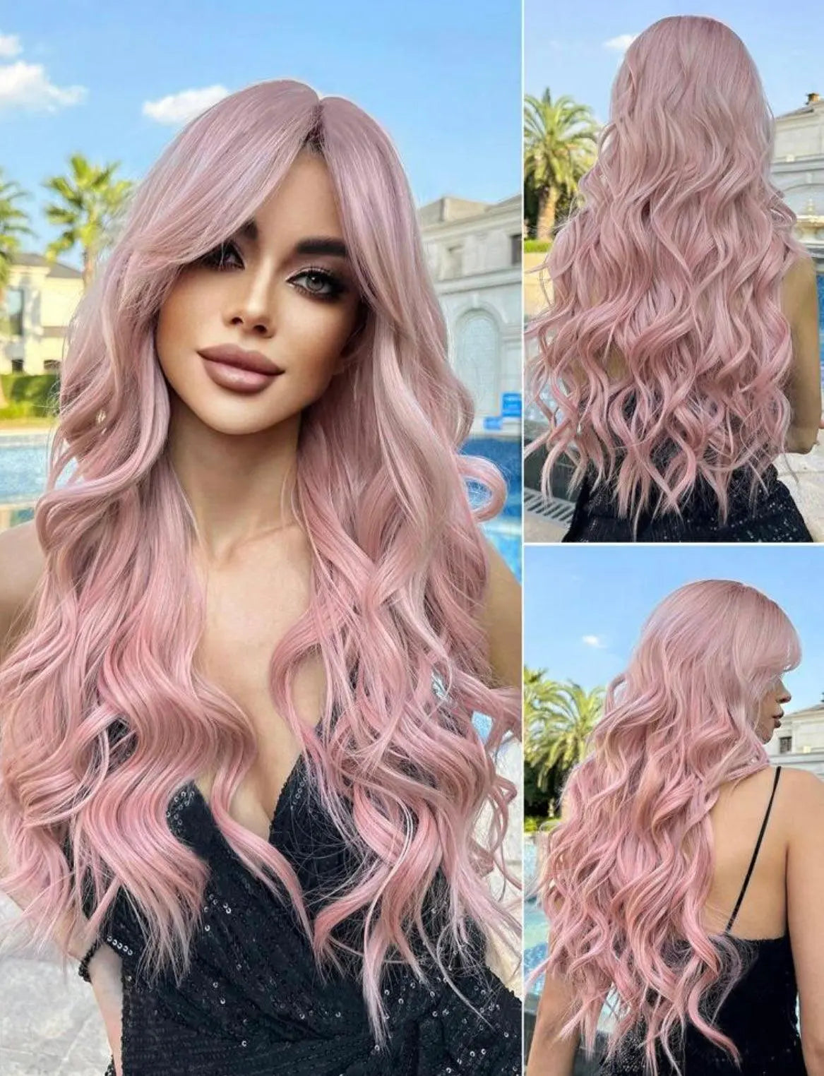 Water Wave Wigs With Bangs Pink Wigs Heat Resistant Fiber Long Natural Wavy Synthetic Wigs For Women Girl Party Daily Used - Labelle Boutique Hair