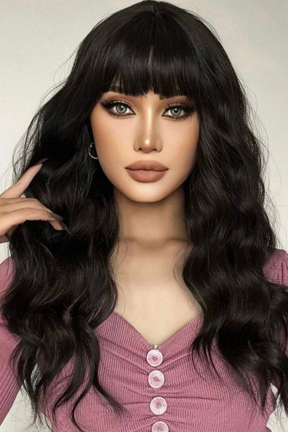 Natural Long Curly Synthetic Black Wig With Bangs - Labelle Boutique Hair