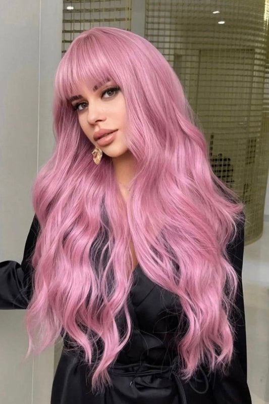 Long Curly Wig Synthetic Pink With Bangs Medium - Labelle Boutique Hair wigs  Long Curly Wig Synthetic Pink With Bangs Medium 