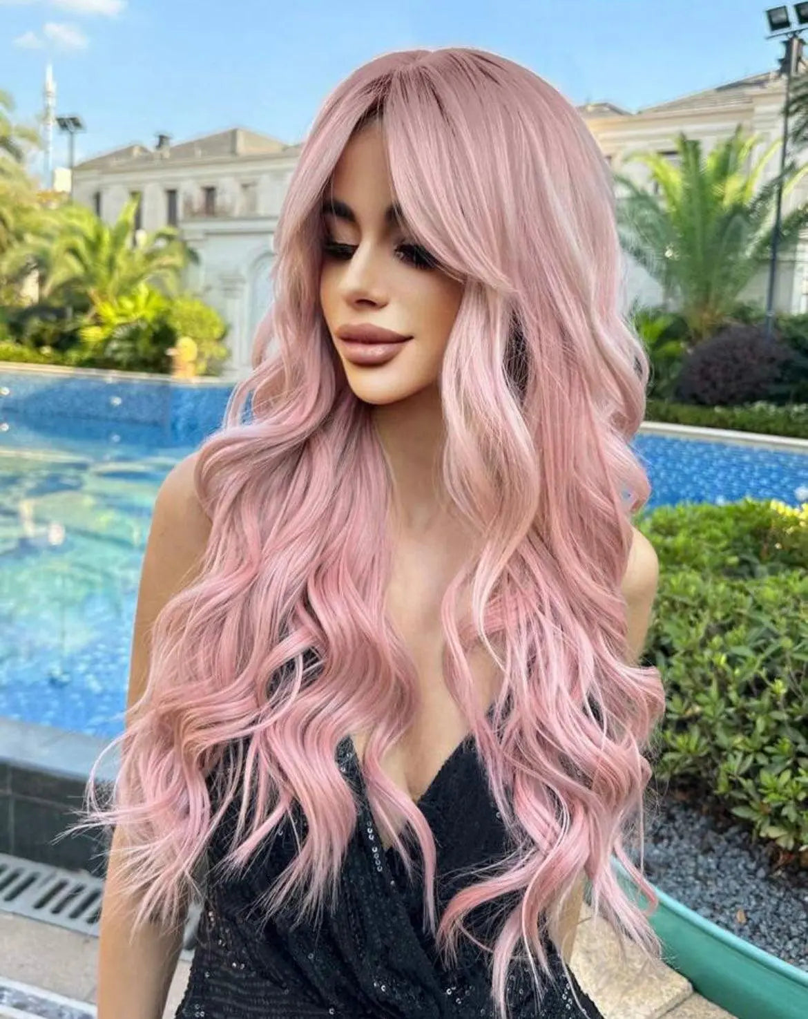 Water Wave Wigs With Bangs Pink Wigs Heat Resistant Fiber Long Natural Wavy Synthetic Wigs For Women Girl Party Daily Used - Labelle Boutique Hair