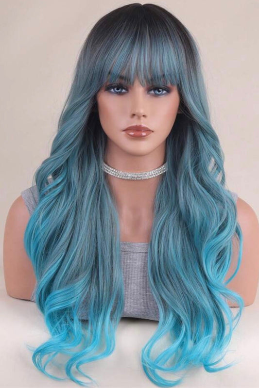 Lace Front Blue Gradient Color Bangs Big Wavy And Long Curly Wig - Labelle Boutique Hair