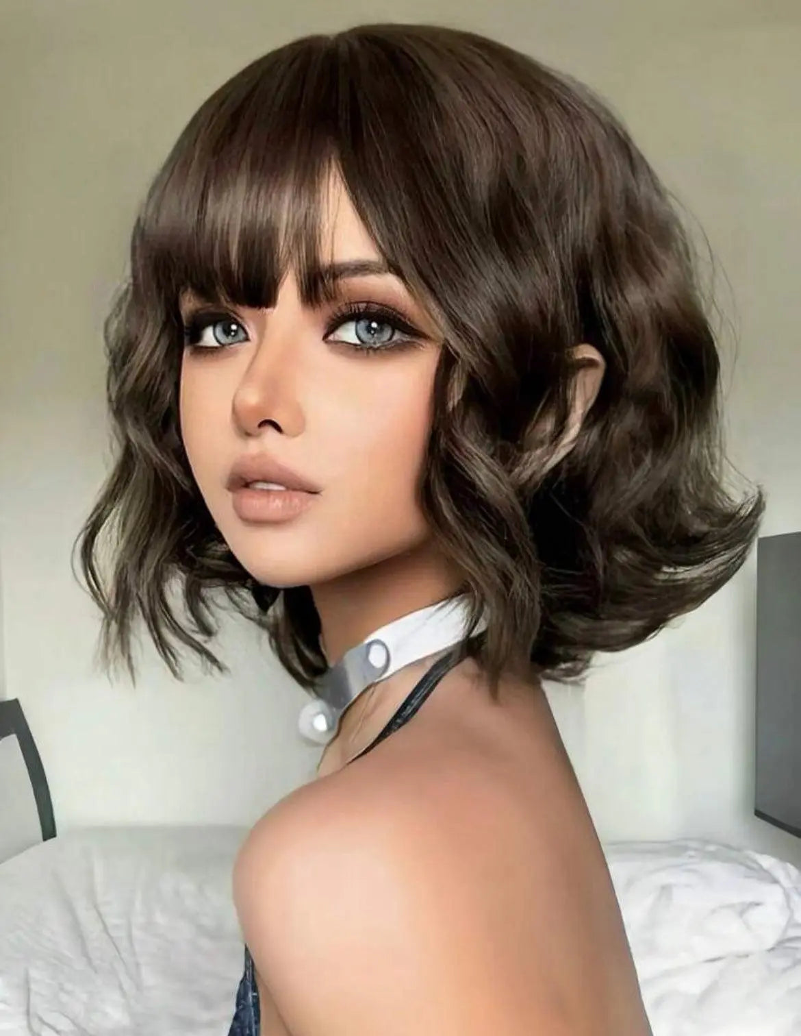 Brown Short Wavy Hair Synthetic Heat-Resistant Wig With Bangs - Labelle Boutique Hair