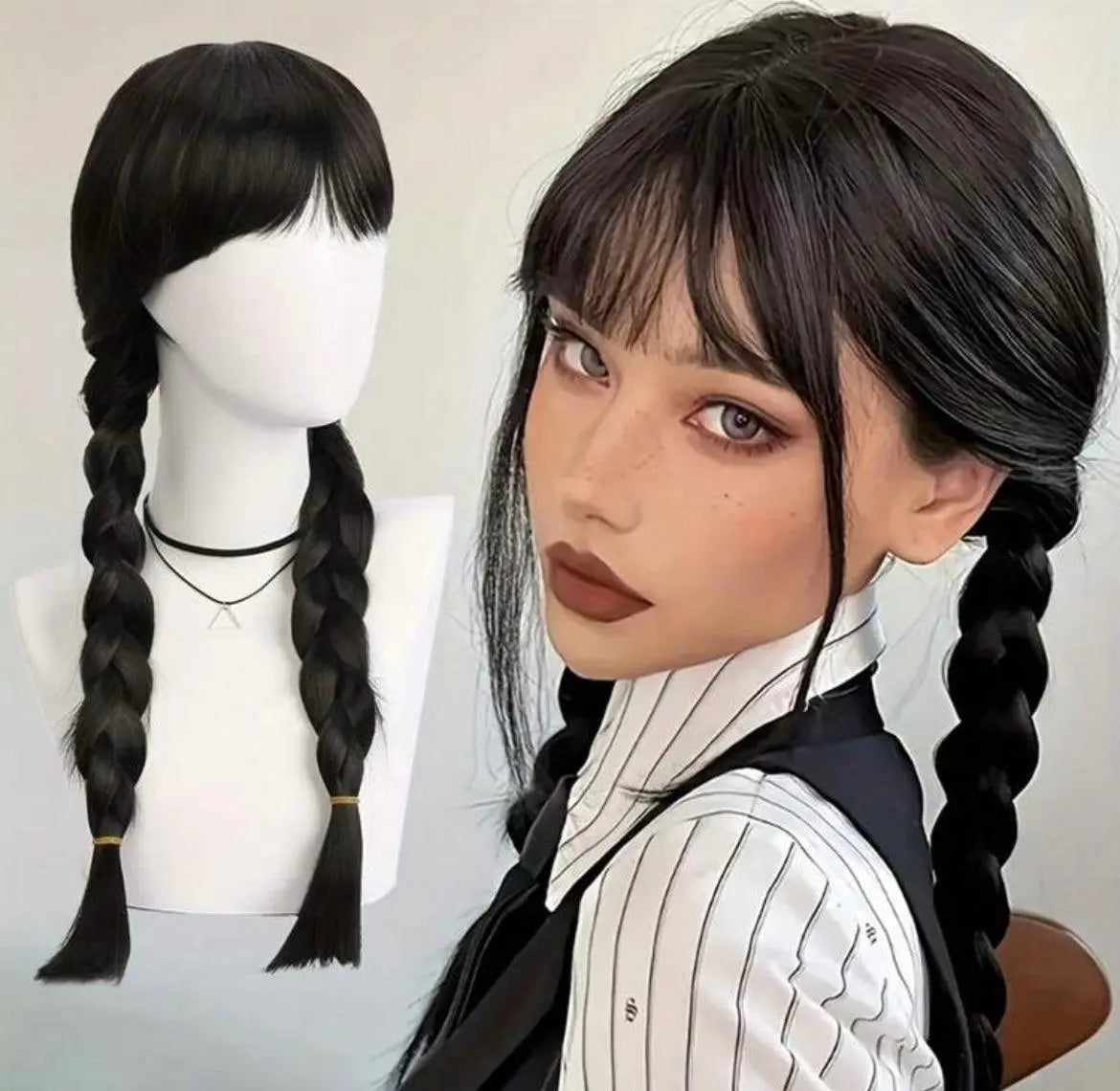 Long Straight Black Braided Wig With Bangs Wig Wednesday Wig Cosplay Halloween - Labelle Boutique Hair