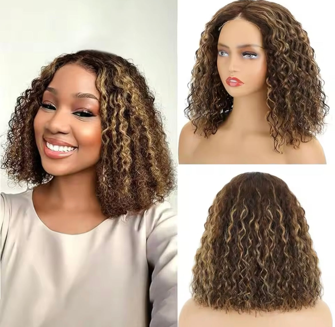 Ombre Color Curly Short Bob Lace Front Wig Deep Wave Brown Lace Frontal Wigs Human Hair - Labelle Boutique Hair