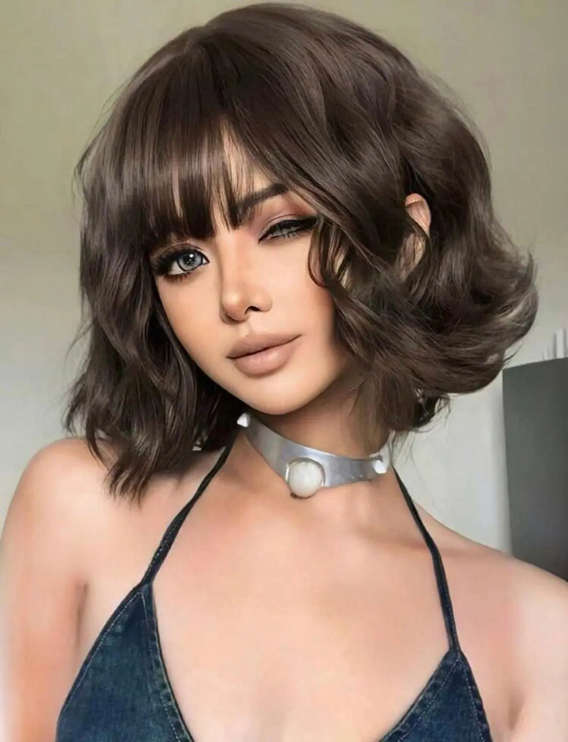 Brown Short Wavy Hair Synthetic Heat-Resistant Wig With Bangs - Labelle Boutique Hair