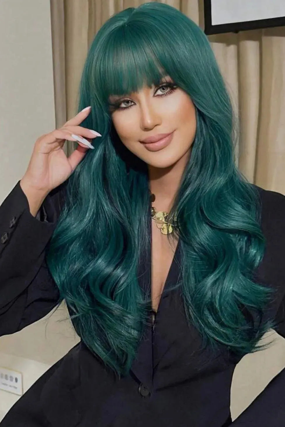 Dark Green Highlights Long Curly Synthetic Wig With Bangs - Labelle Boutique Hair