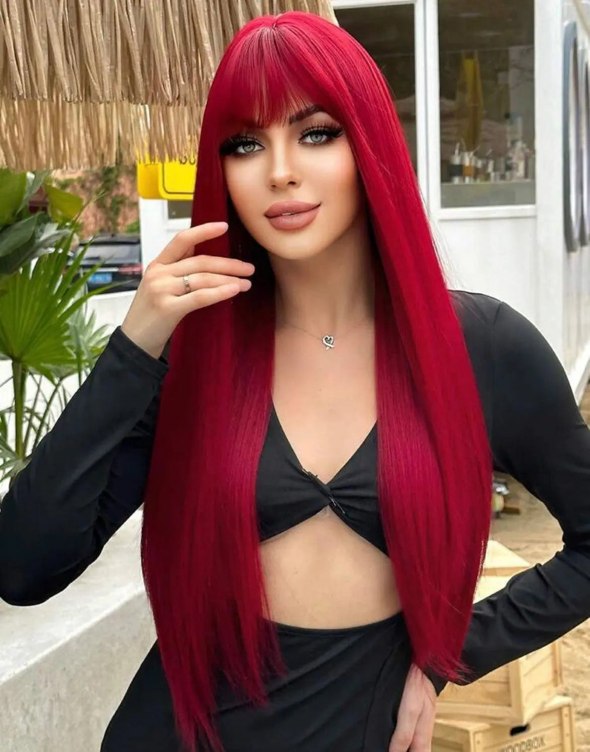 Long Red Straight Wig with Bangs - Labelle Boutique Hair