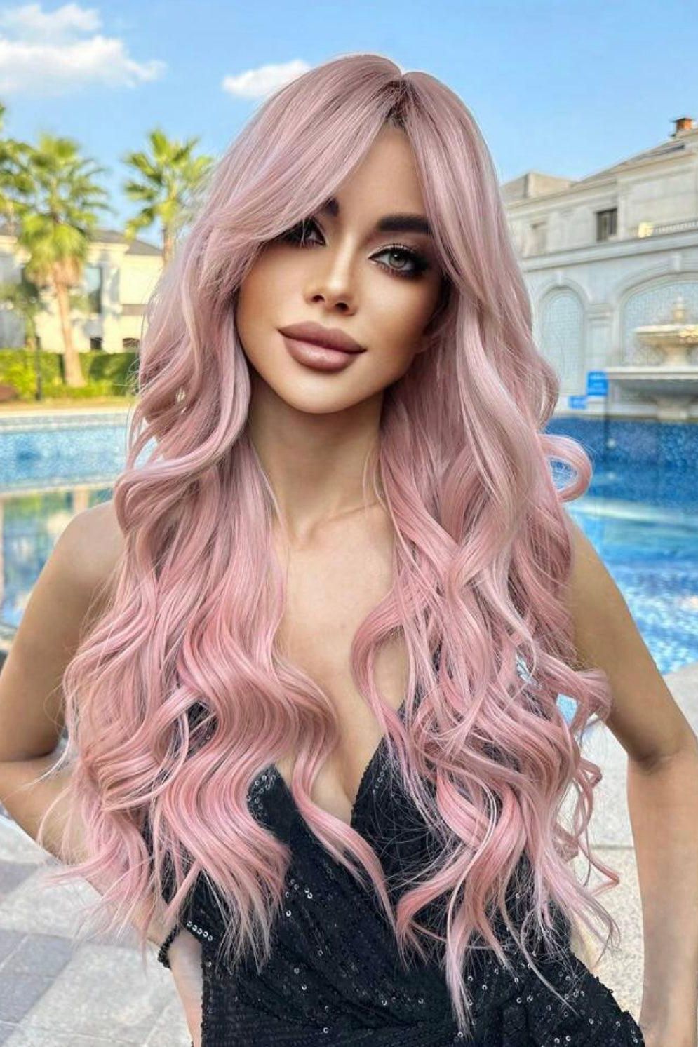 Water Wave Wigs With Bangs Pink Wigs Heat Resistant Fiber Long Natural Wavy Synthetic Wigs For Women Girl Party Daily Used - Labelle Boutique Hair