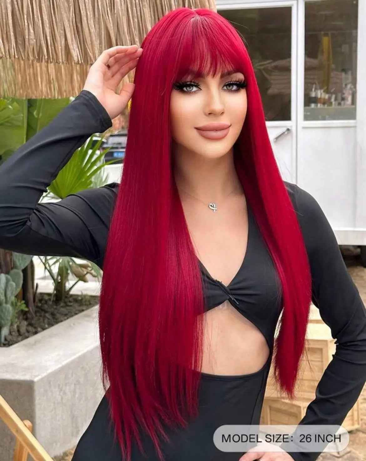 Long Red Straight Wig with Bangs - Labelle Boutique Hair