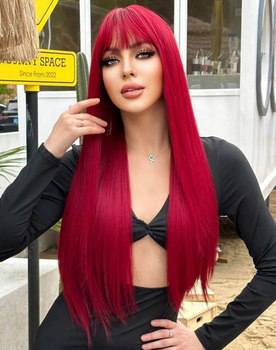 Long Red Straight Wig with Bangs - Labelle Boutique Hair