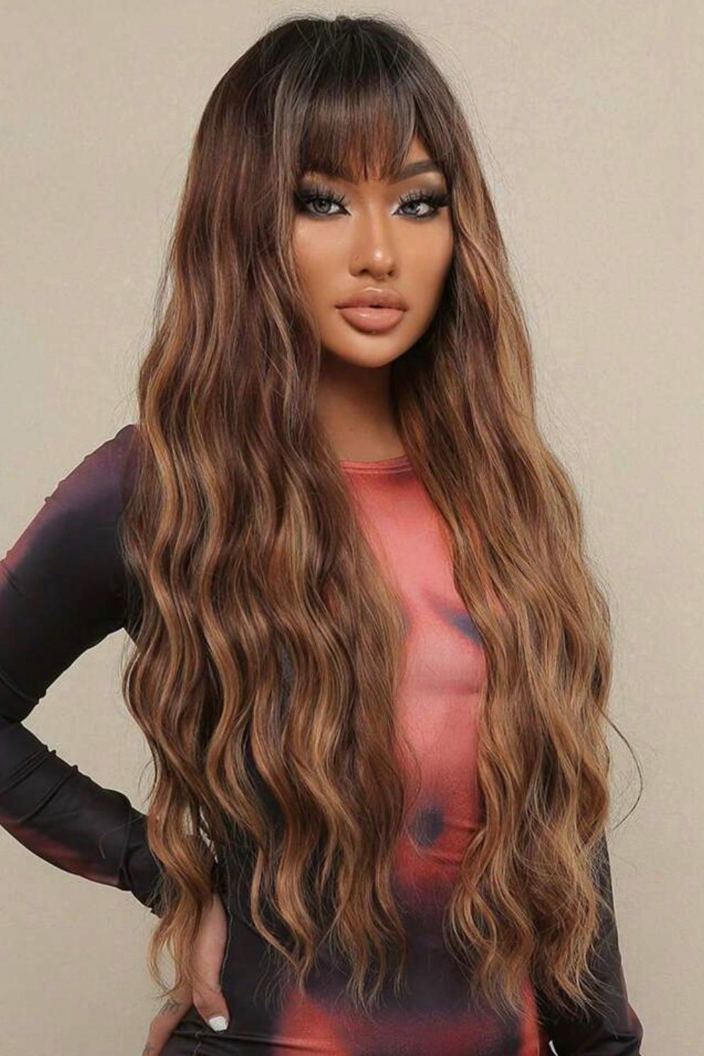 Synthetic Ombre Brown Highlight Wigs Long Curly with Bangs - Labelle Boutique Hair