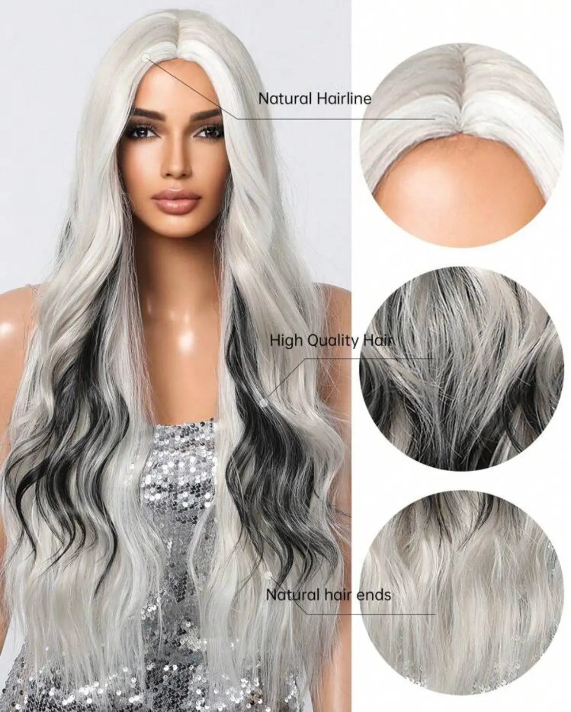 Black and White Highlight Long Loose Wavy Wig Cosplay Wig Synthetic - Labelle Boutique Hair