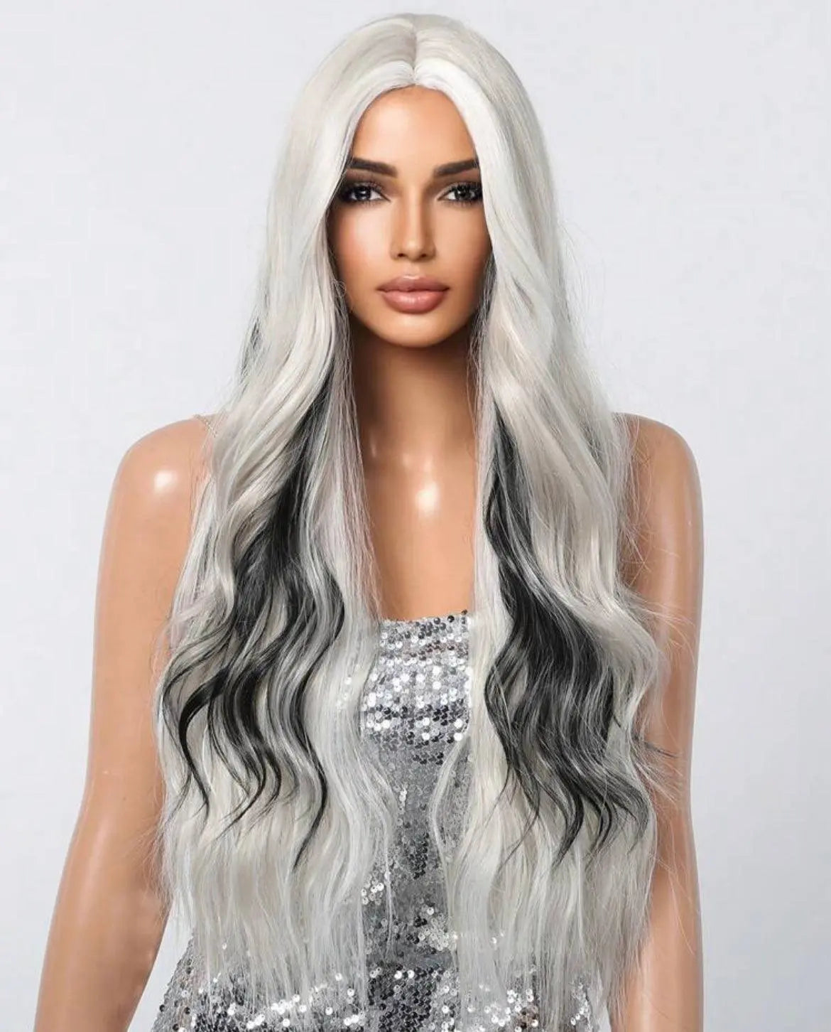 Black and White Highlight Long Loose Wavy Wig Cosplay Wig Synthetic - Labelle Boutique Hair