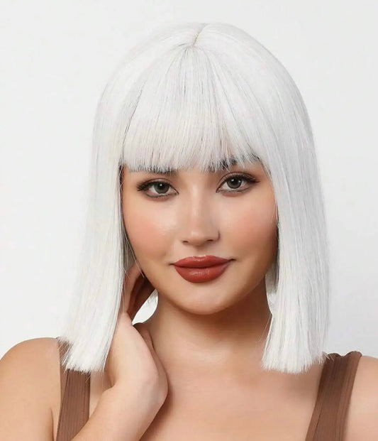 White Short Bob Wig with Bangs Ear-Dyeing Straight Synthetic Wig Short Hair Heat Resistant Wig, Party Cosplay Wig Nature - Labelle Boutique Hair