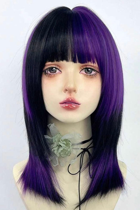 Synthetic Short Purple and Black Wig With Bangs Cosplay Hair - Labelle Boutique Hair