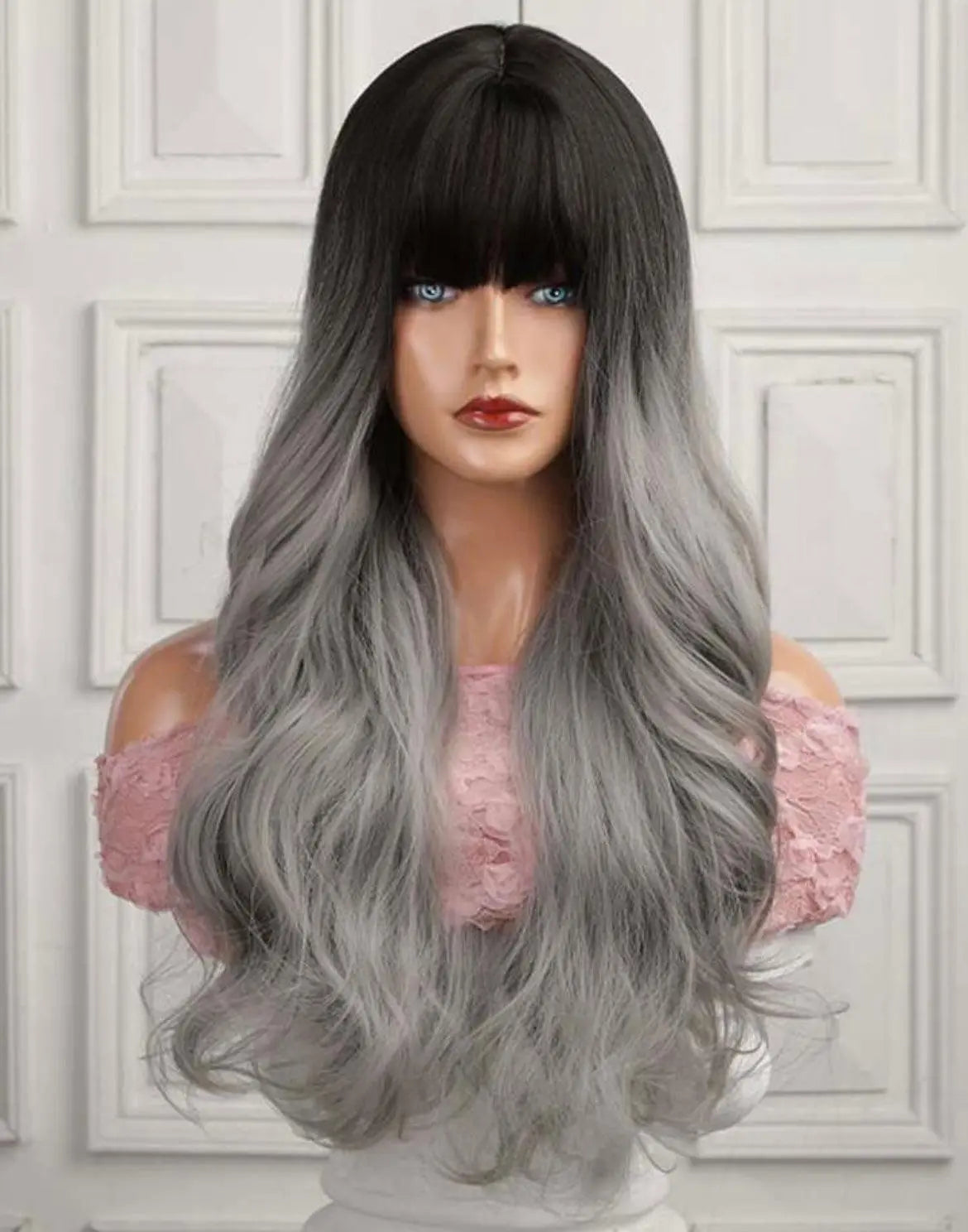 Gray Black Silver Ombre Long Curly Synthetic Wig with bangs - Labelle Boutique Hair