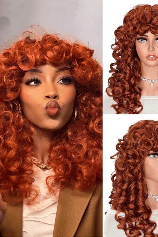 Orange Wig Synthetic natural Middle Length Loose Curly Wig With Bangs Cosplay - Labelle Boutique Hair