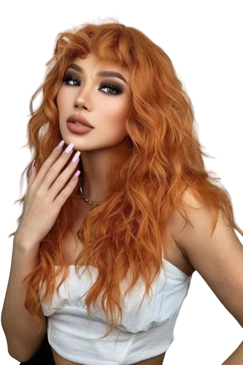 Long Orange Ginger Curly Synthetic Wig with Bangs - Labelle Boutique Hair wigs  Long Orange Ginger Curly Synthetic Wig with Bangs 