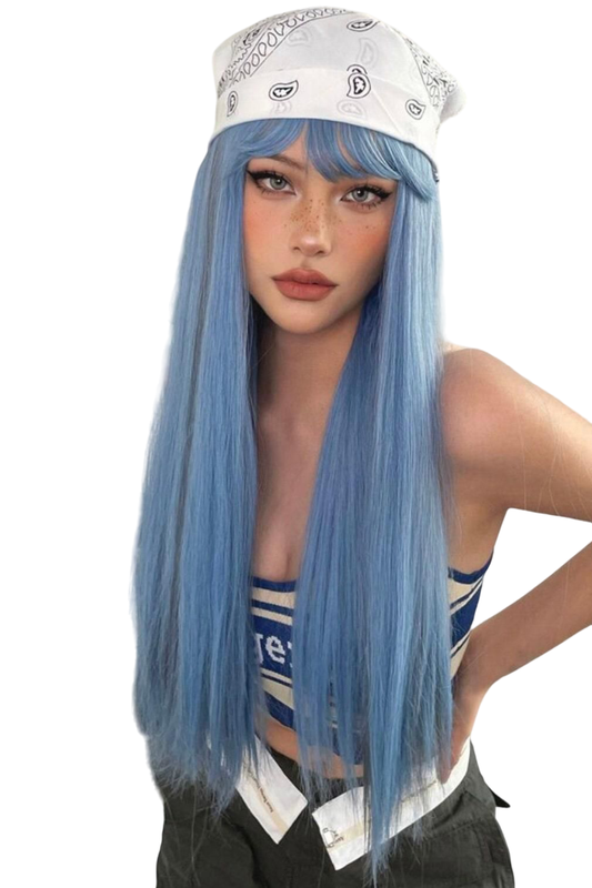 Long Blue Wig Straight Synthetic Wig With Bangs - Labelle Boutique Hair