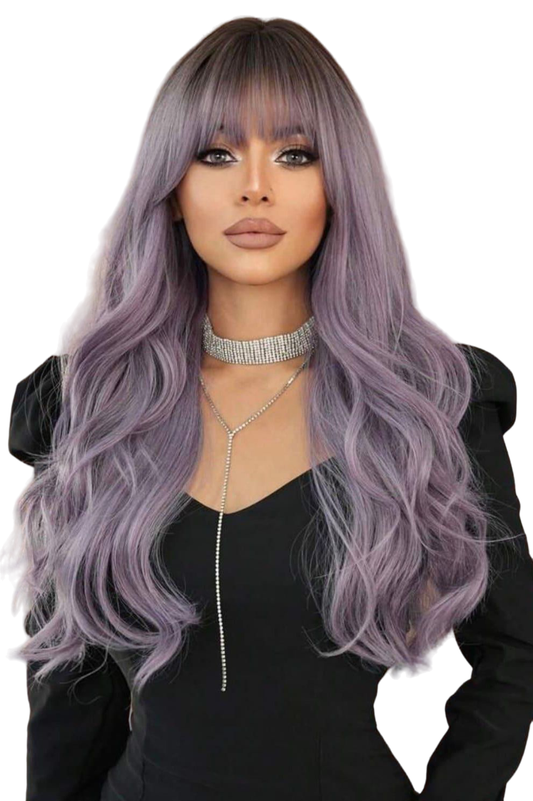 Long Wavy Purple Wig with Bangs Synthetic Ombre Curly - Labelle Boutique Hair wigs  Long Wavy Purple Wig with Bangs Synthetic Ombre Curly 