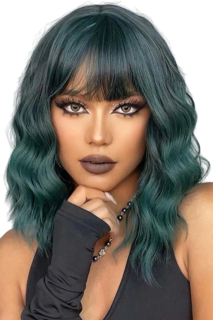 Dark Green Wavy Wig with Bang | Short Curly Full Wigs | Synthetic - Labelle Boutique Hair wigs  Dark Green Wavy Wig with Bang | Short Curly Full Wigs | Synthetic 