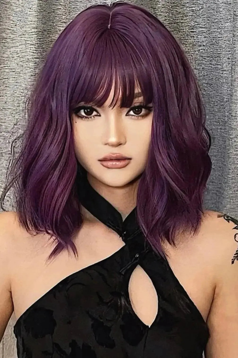 Dark Purple Short Bob Wig with Bangs Wavy Wig Synthetic - Labelle Boutique Hair   Dark Purple Short Bob Wig with Bangs Wavy Wig Synthetic 