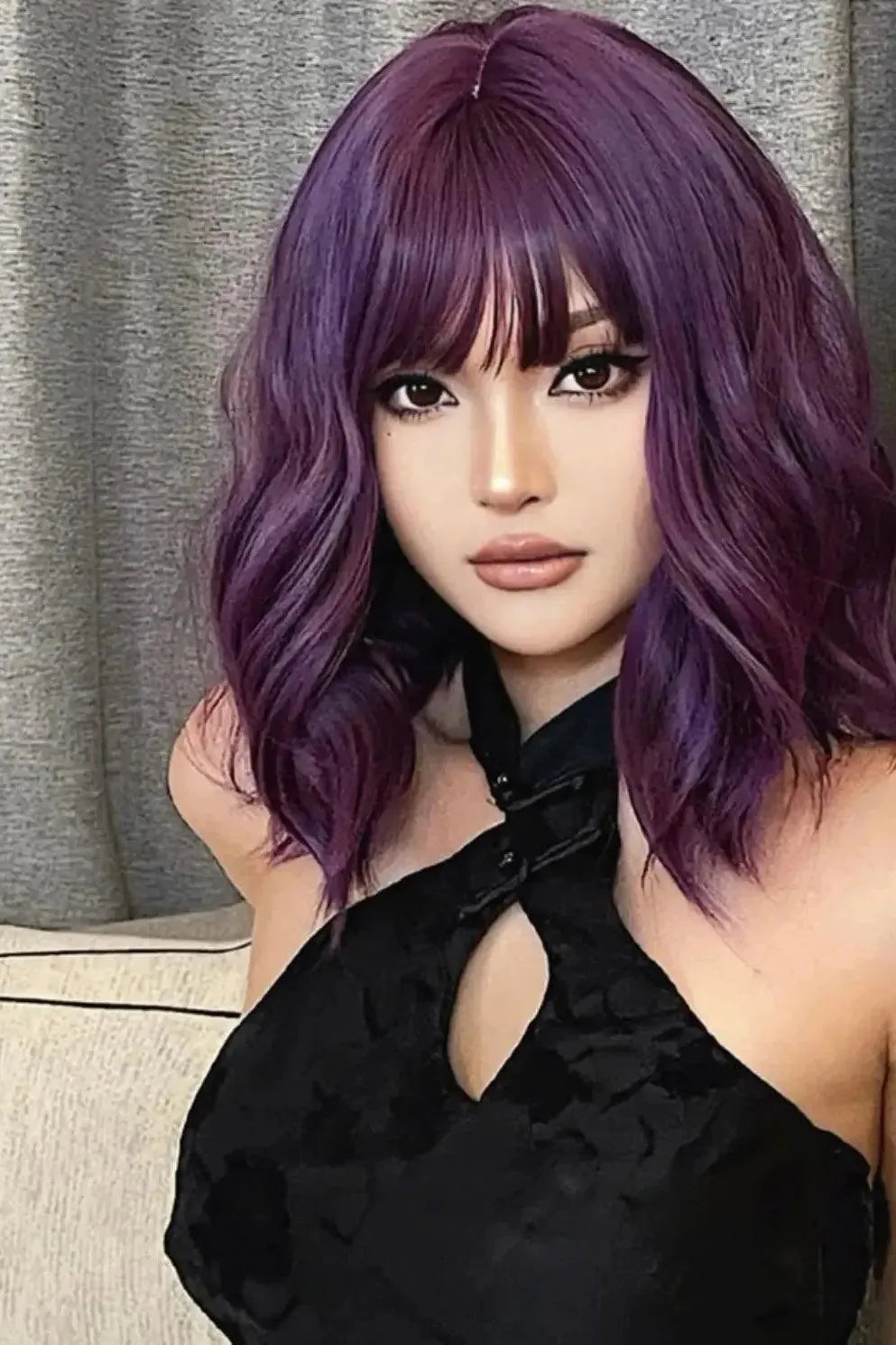 Dark Purple Short Bob Wig with Bangs Wavy Wig Synthetic - Labelle Boutique Hair   Dark Purple Short Bob Wig with Bangs Wavy Wig Synthetic 