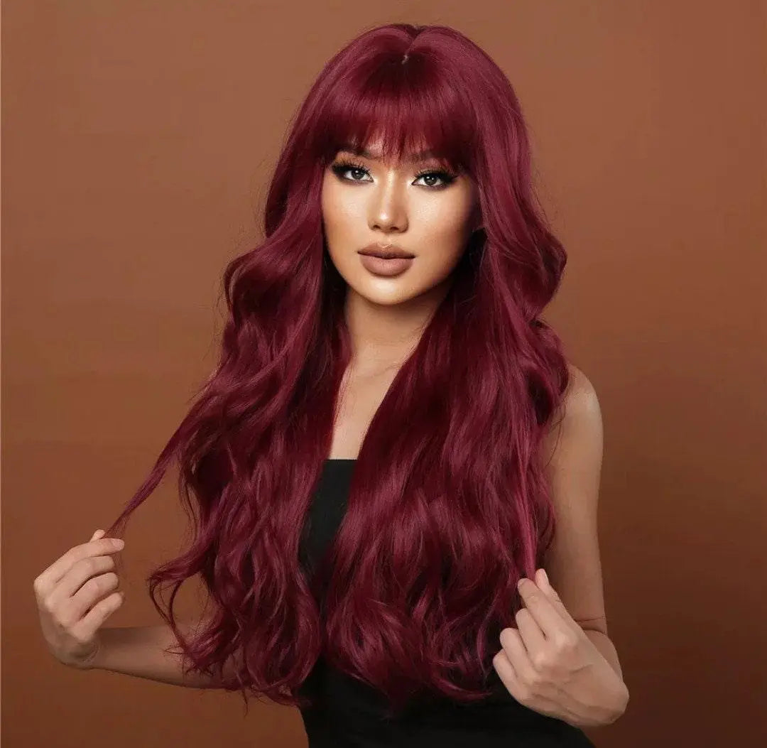 Burgundy Red Wavy Wig Natural Wine Red Wavy Wig Ladies Curly Wigs - Labelle Boutique Hair