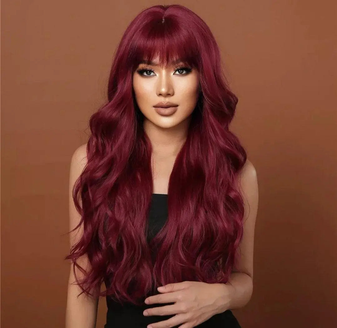 Burgundy Red Wavy Wig Natural Wine Red Wavy Wig Ladies Curly Wigs - Labelle Boutique Hair