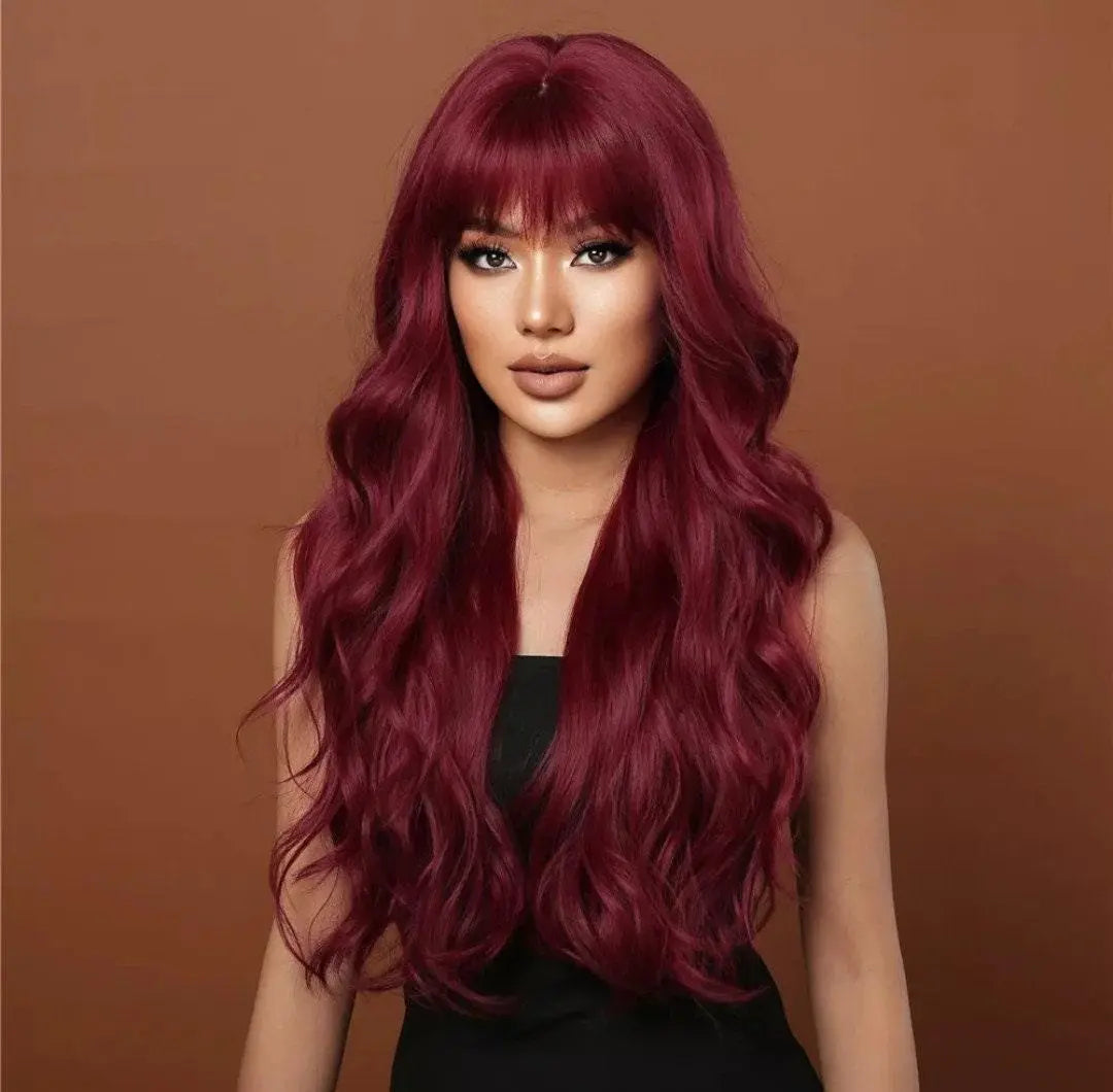 Burgundy Red Wavy Wig Natural Wine Red Wavy Wig Ladies Curly Wigs - Labelle Boutique Hair