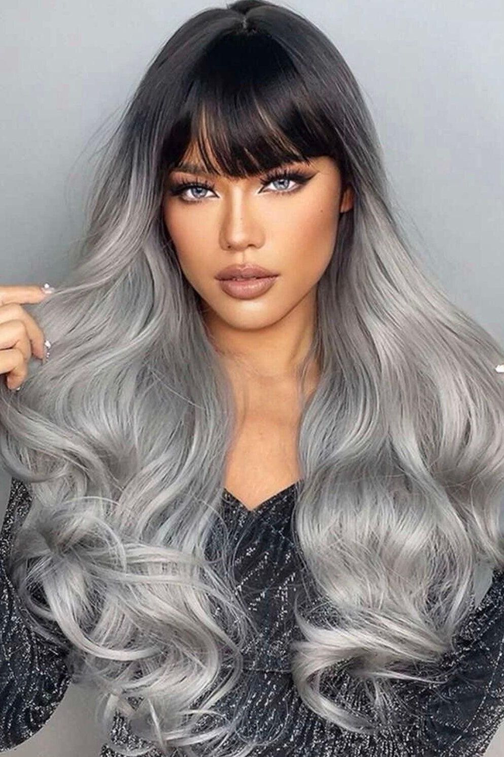 Gray Black Silver Ombre Long Curly Synthetic Wig with bangs - Labelle Boutique Hair