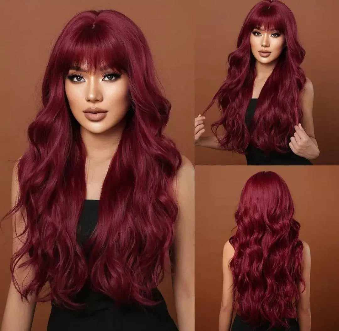 Burgundy Red Wavy Wig Natural Wine Red Wavy Wig Ladies Curly Wigs - Labelle Boutique Hair