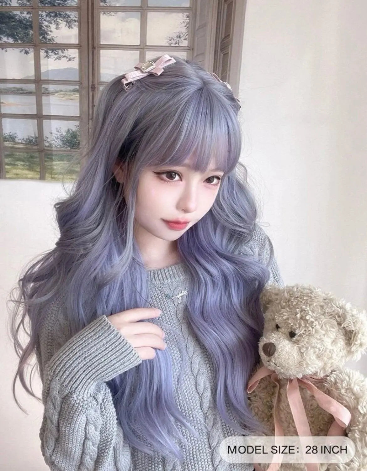 Long Curly Synthetic Blue Wig With Bangs - Labelle Boutique Hair