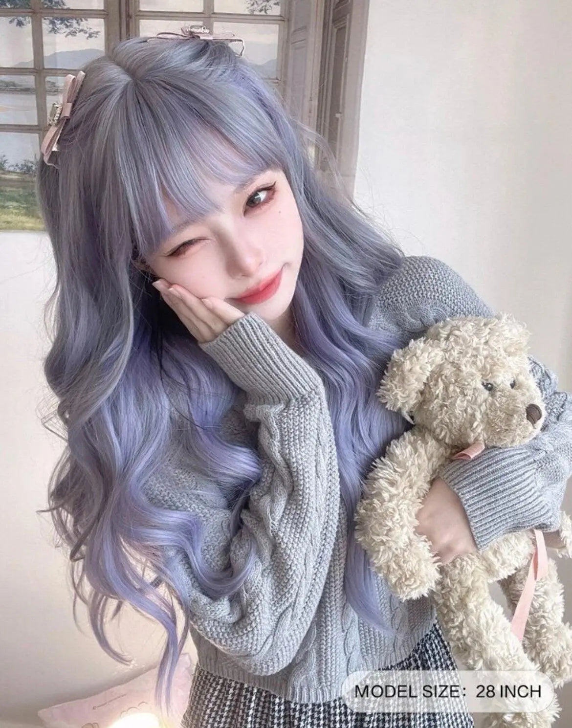 Long Curly Synthetic Blue Wig With Bangs - Labelle Boutique Hair