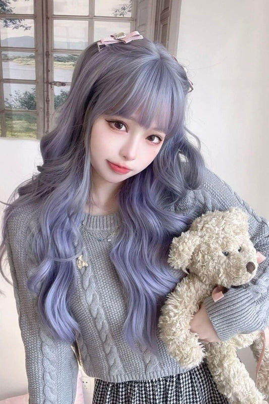 Long Curly Synthetic Blue Wig With Bangs - Labelle Boutique Hair