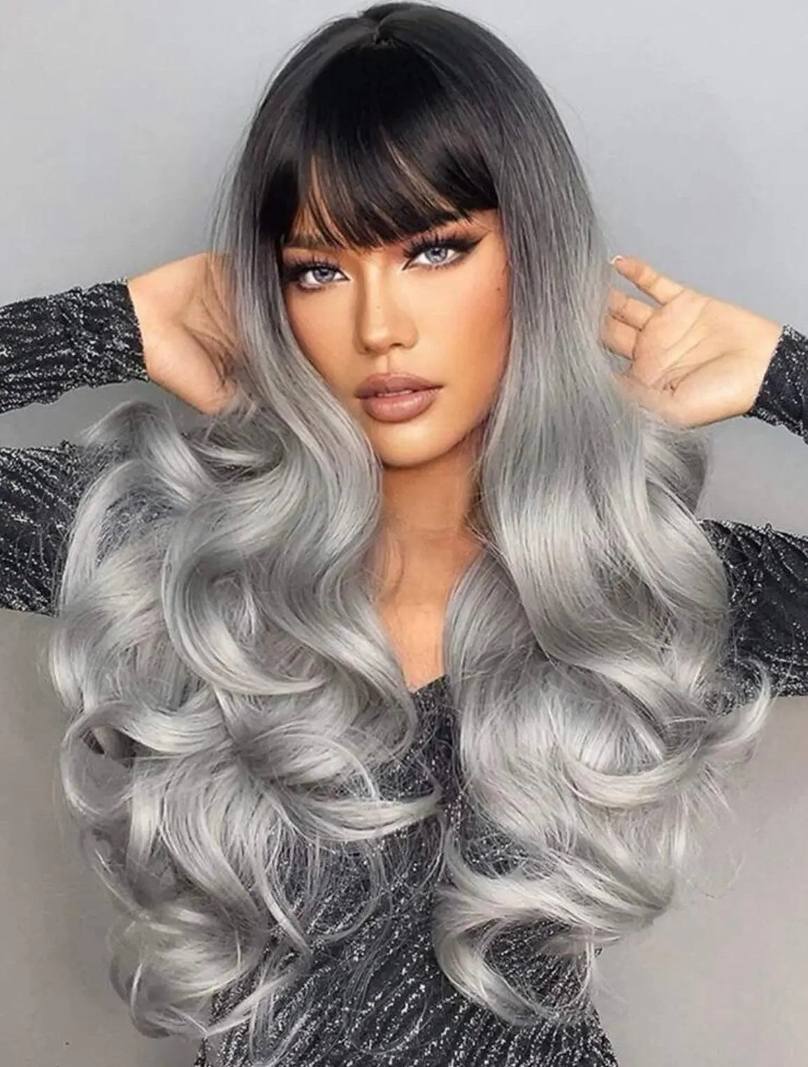 Gray Black Silver Ombre Long Curly Synthetic Wig with bangs - Labelle Boutique Hair