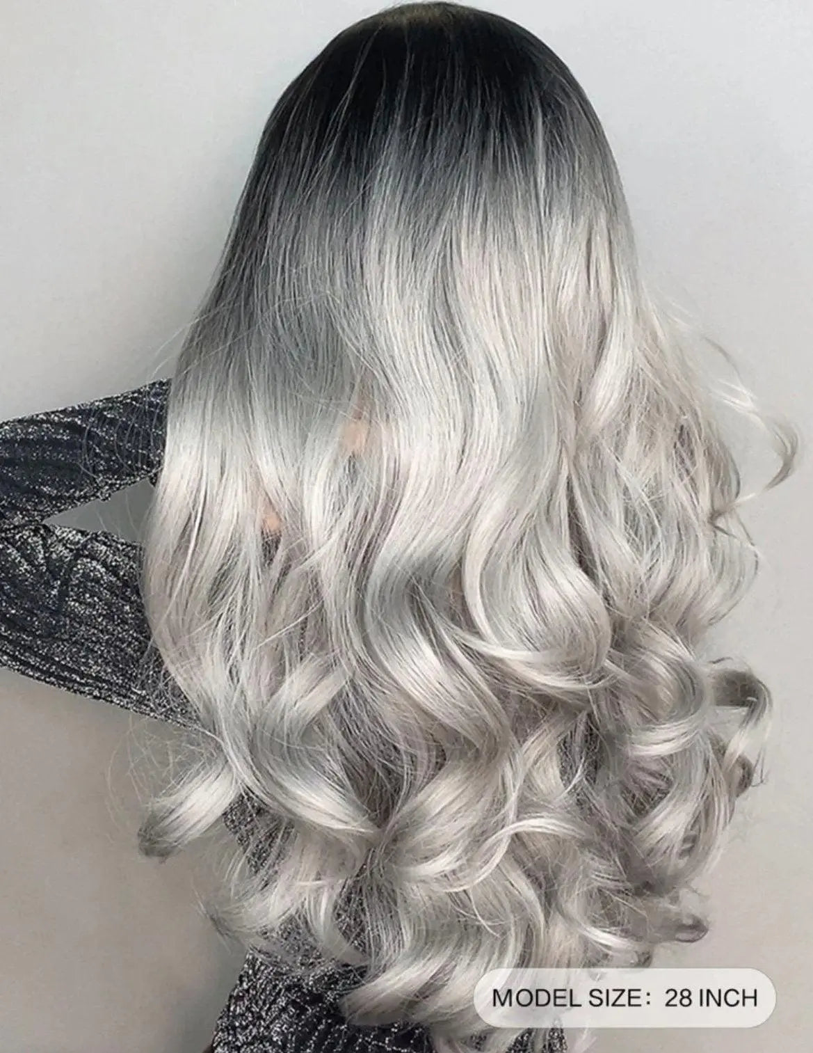 Gray Black Silver Ombre Long Curly Synthetic Wig with bangs - Labelle Boutique Hair