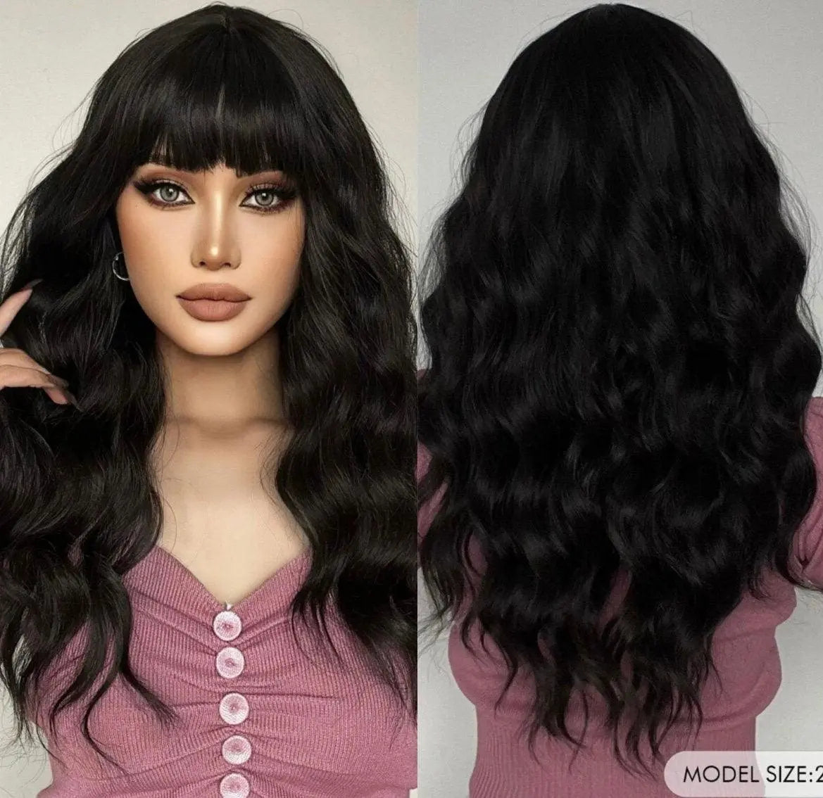 Natural Long Curly Synthetic Black Wig With Bangs - Labelle Boutique Hair