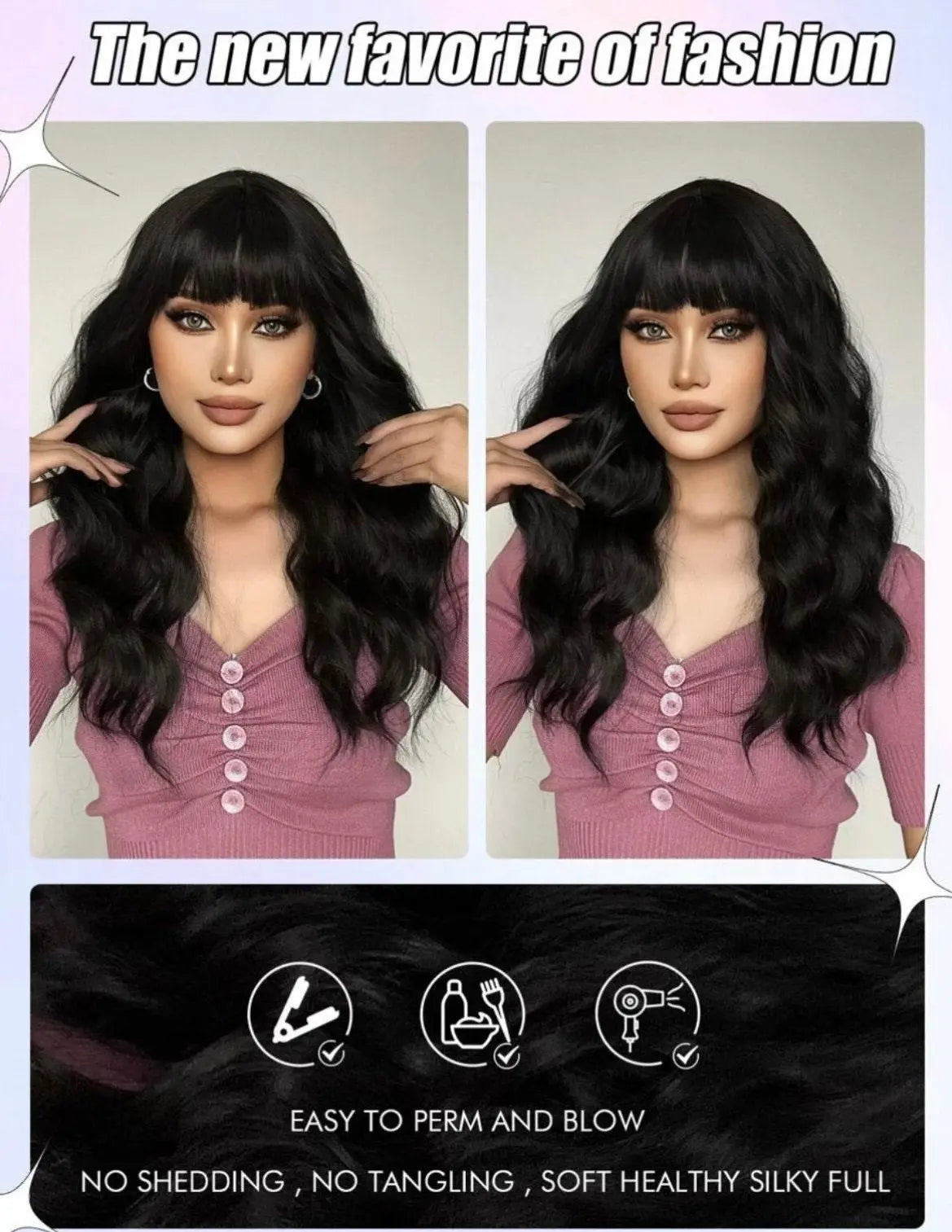 Natural Long Curly Synthetic Black Wig With Bangs - Labelle Boutique Hair