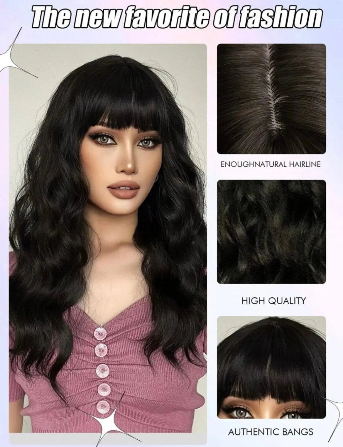 Natural Long Curly Synthetic Black Wig With Bangs - Labelle Boutique Hair