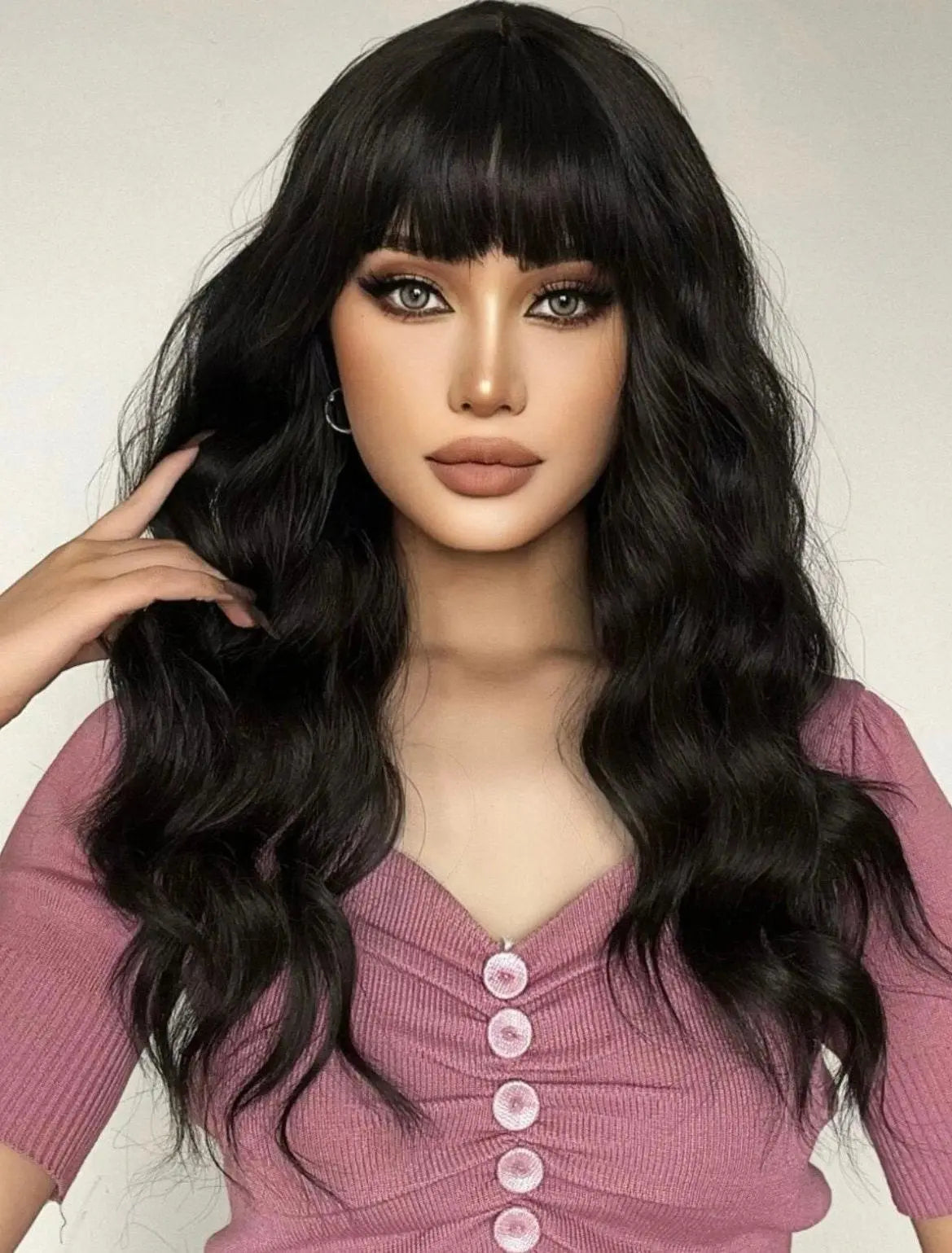 Natural Long Curly Synthetic Black Wig With Bangs - Labelle Boutique Hair