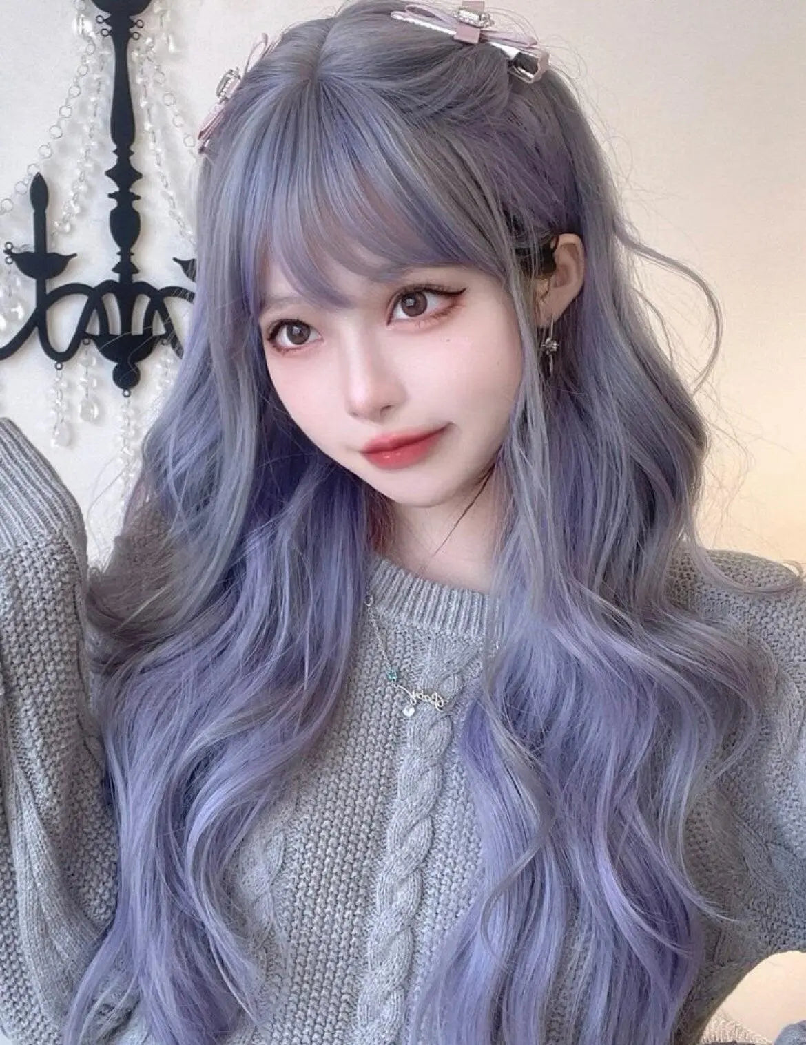 Long Curly Synthetic Blue Wig With Bangs - Labelle Boutique Hair