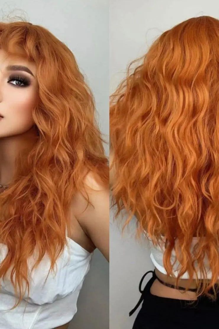 Long Orange Ginger Curly Synthetic Wig with Bangs - Labelle Boutique Hair wigs  Long Orange Ginger Curly Synthetic Wig with Bangs 