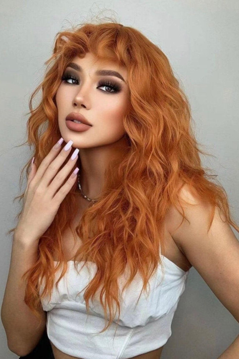 Long Orange Ginger Curly Synthetic Wig with Bangs - Labelle Boutique Hair wigs  Long Orange Ginger Curly Synthetic Wig with Bangs 