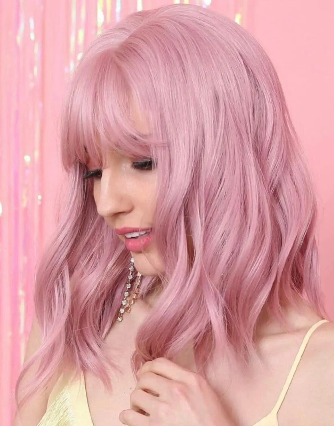 Natural Curly Pink Wig With Bangs Costume Wigs - Labelle Boutique Hair