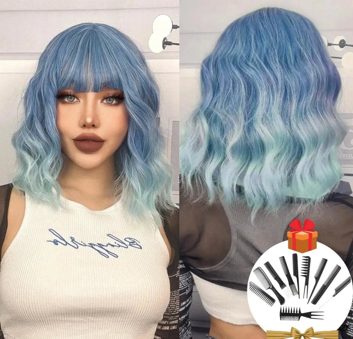 Ombre Medium Curly Synthetic Blue Wig With Bangs Synthetic Wig with Bangs Heat Resistant - Labelle Boutique Hair