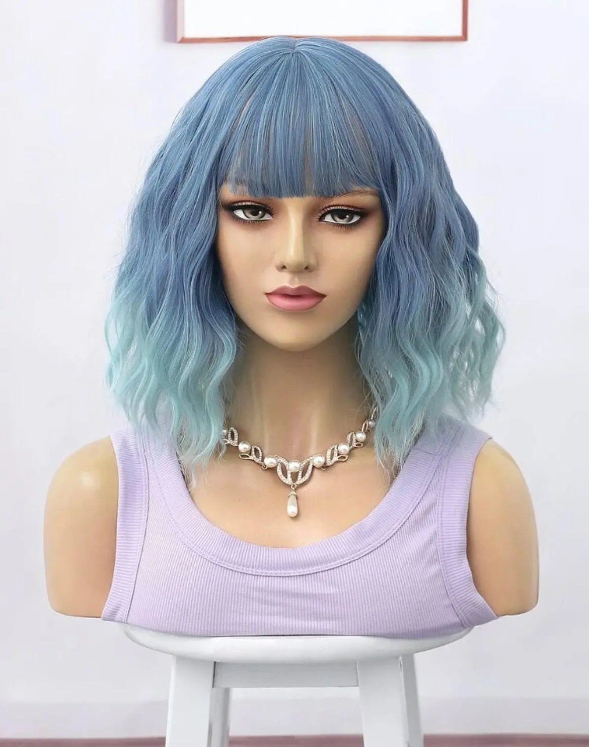 Ombre Medium Curly Synthetic Blue Wig With Bangs Synthetic Wig with Bangs Heat Resistant - Labelle Boutique Hair