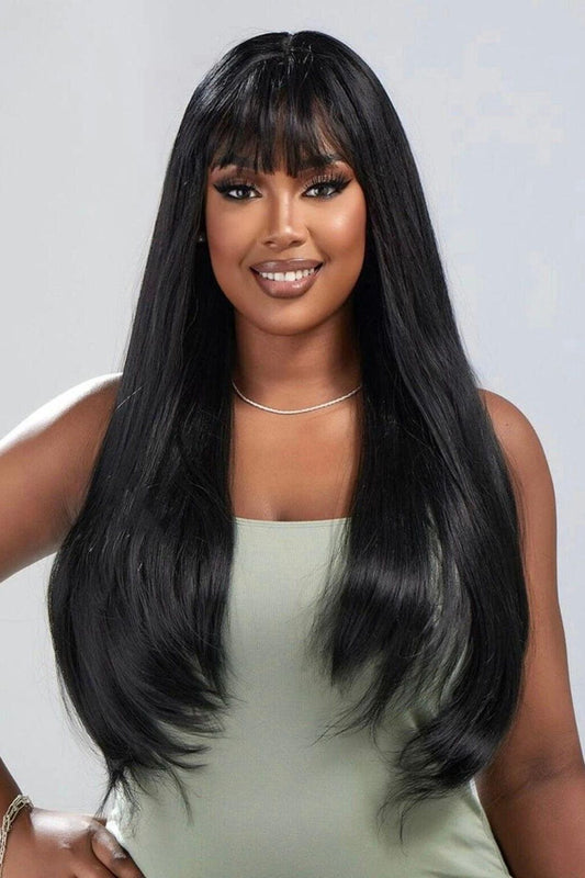 Natural Long Straight Synthetic Black Wig With Bangs - Labelle Boutique Hair